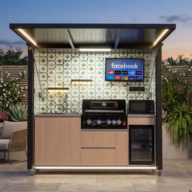 Deluxe Model Outdoor Kitchen with Motorized Lift-Up Door & Triple-Fuel Grill