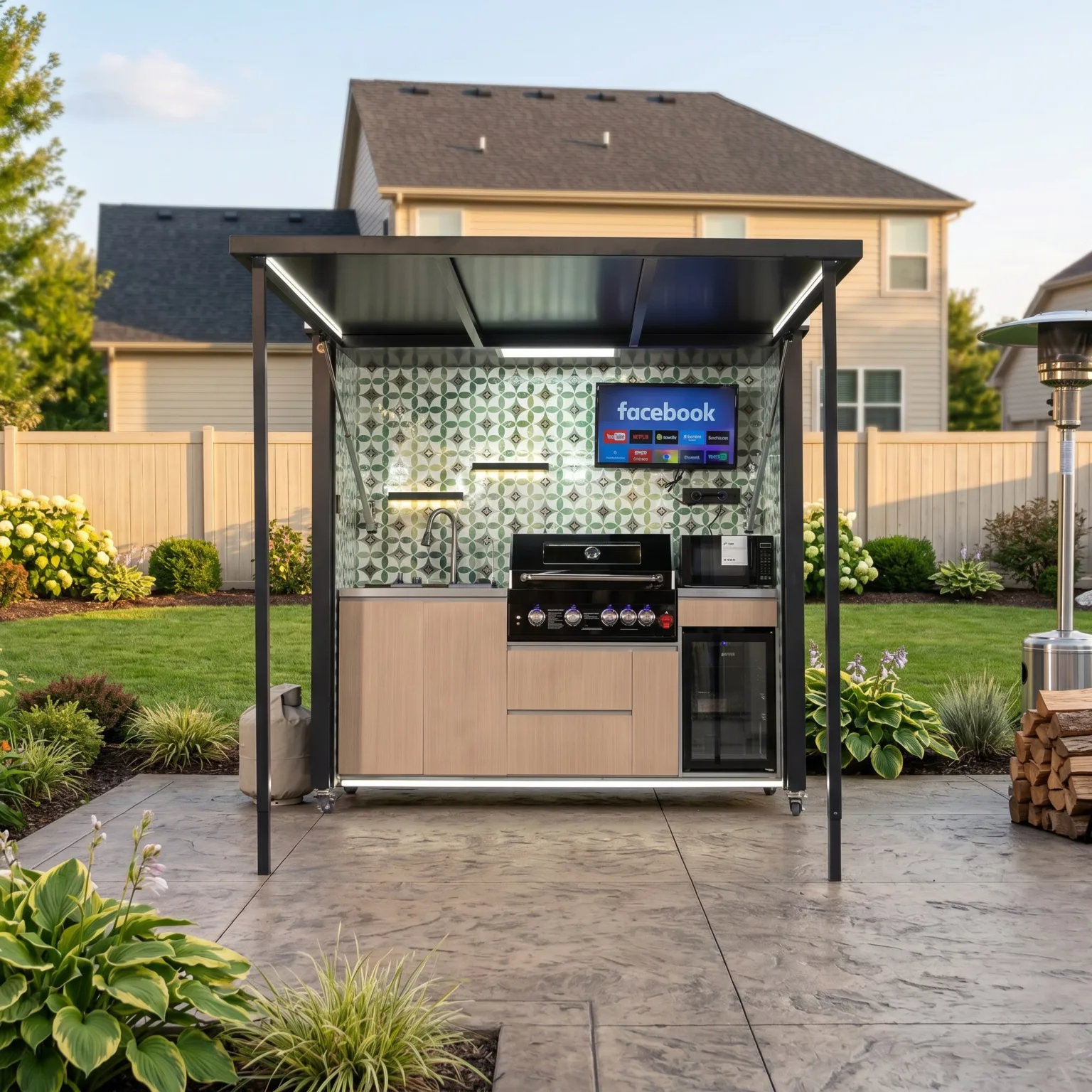 Deluxe Model Outdoor Kitchen with Motorized Lift-Up Door & Triple-Fuel Grill