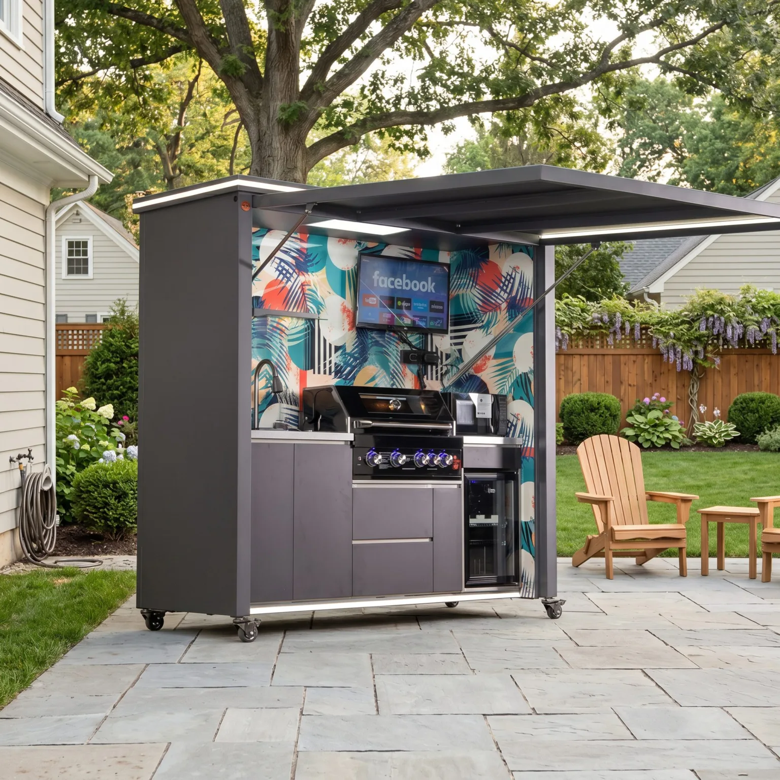 Deluxe Model Outdoor Kitchen with Motorized Lift-Up Door & Triple-Fuel Grill