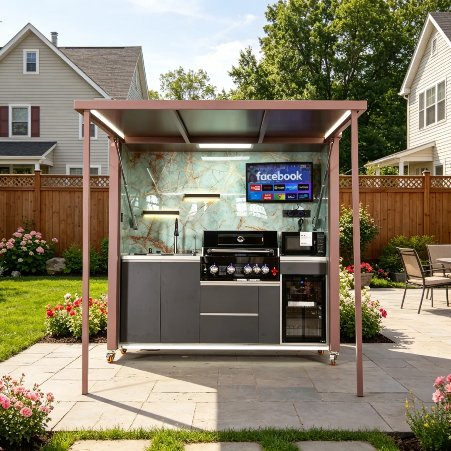 Deluxe Model Outdoor Kitchen with Motorized Lift-Up Door & Triple-Fuel Grill