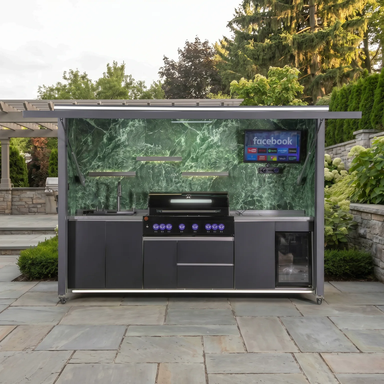 Luxury Model Outdoor Kitchen with Motorized Lift-Up Door & Triple-Fuel Grill