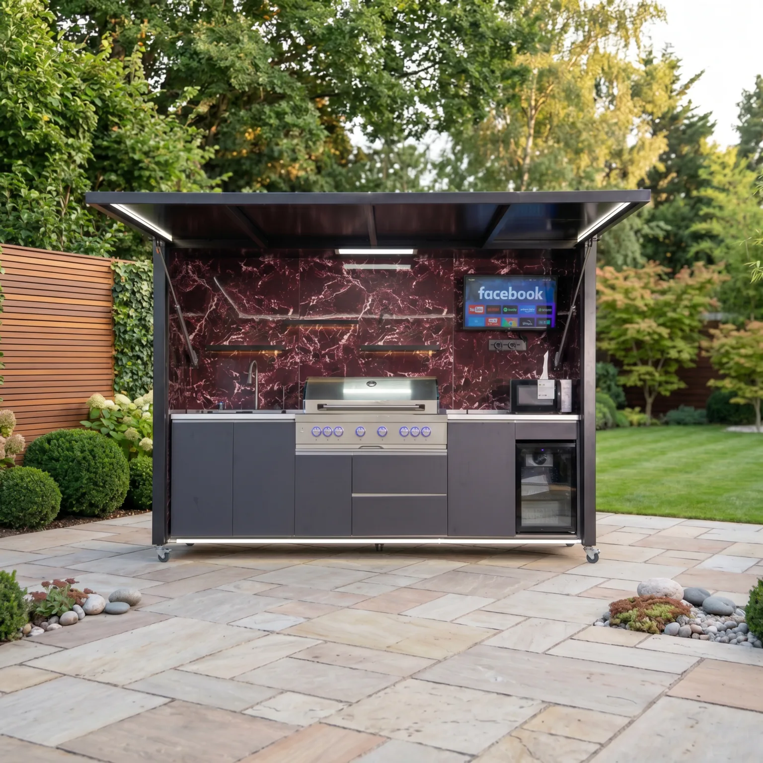 Luxury Model Outdoor Kitchen with Motorized Lift-Up Door & Triple-Fuel Grill