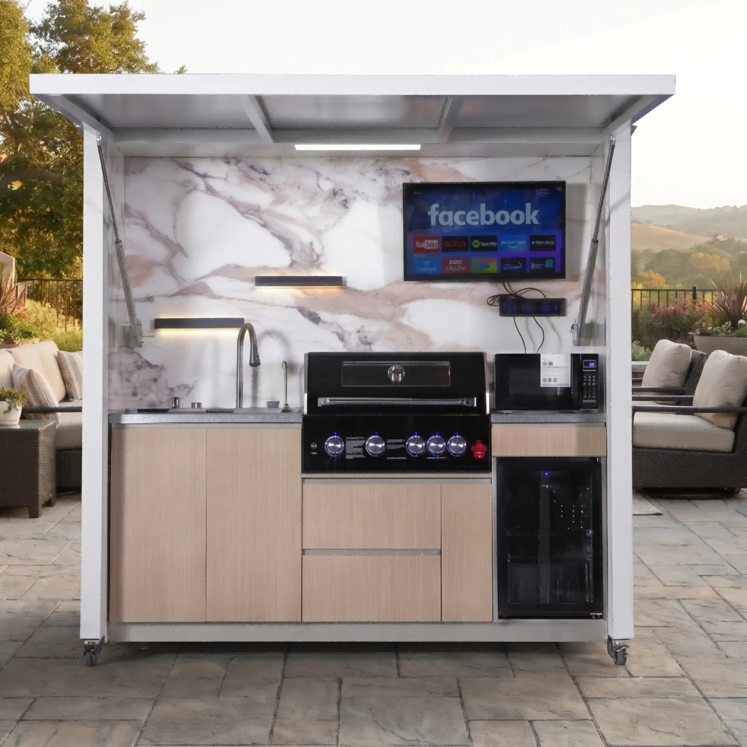 Deluxe Model Outdoor Kitchen with Motorized Lift-Up Door & Triple-Fuel Grill