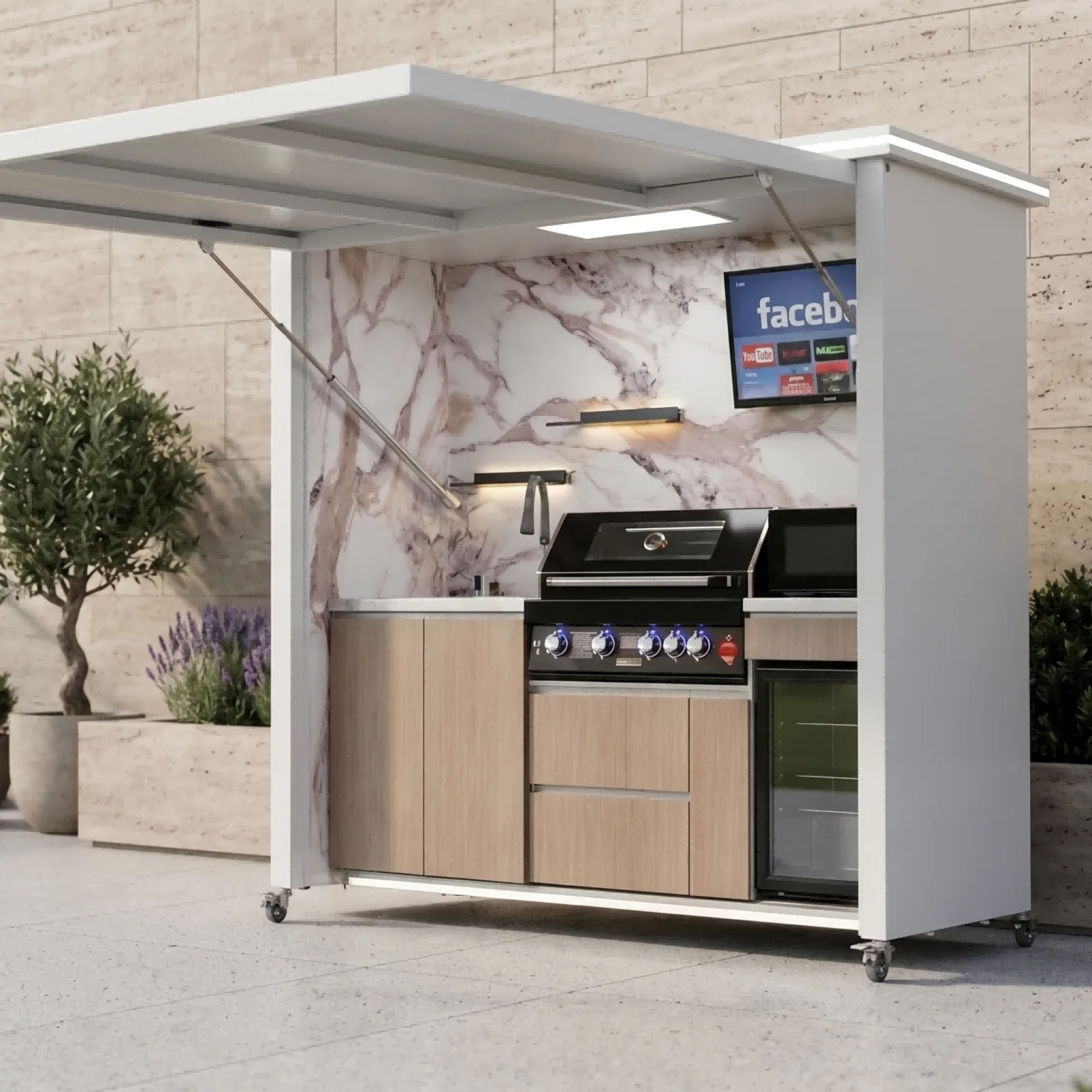 Deluxe Model Outdoor Kitchen with Motorized Lift-Up Door & Triple-Fuel Grill