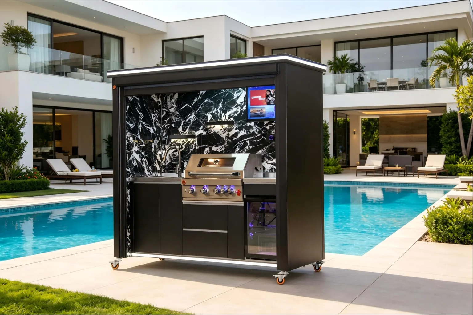 Deluxe Model Outdoor Kitchen with Smart Weather Controlled Roller Door & Triple-Fuel Grill