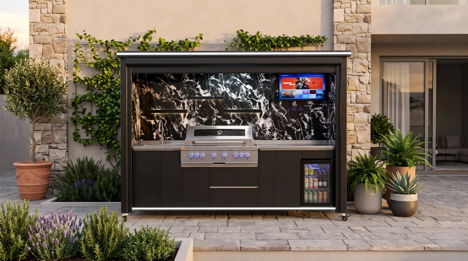Luxury Model Outdoor Kitchen with Smart Weather Controlled Roller Door & Triple-Fuel Grill
