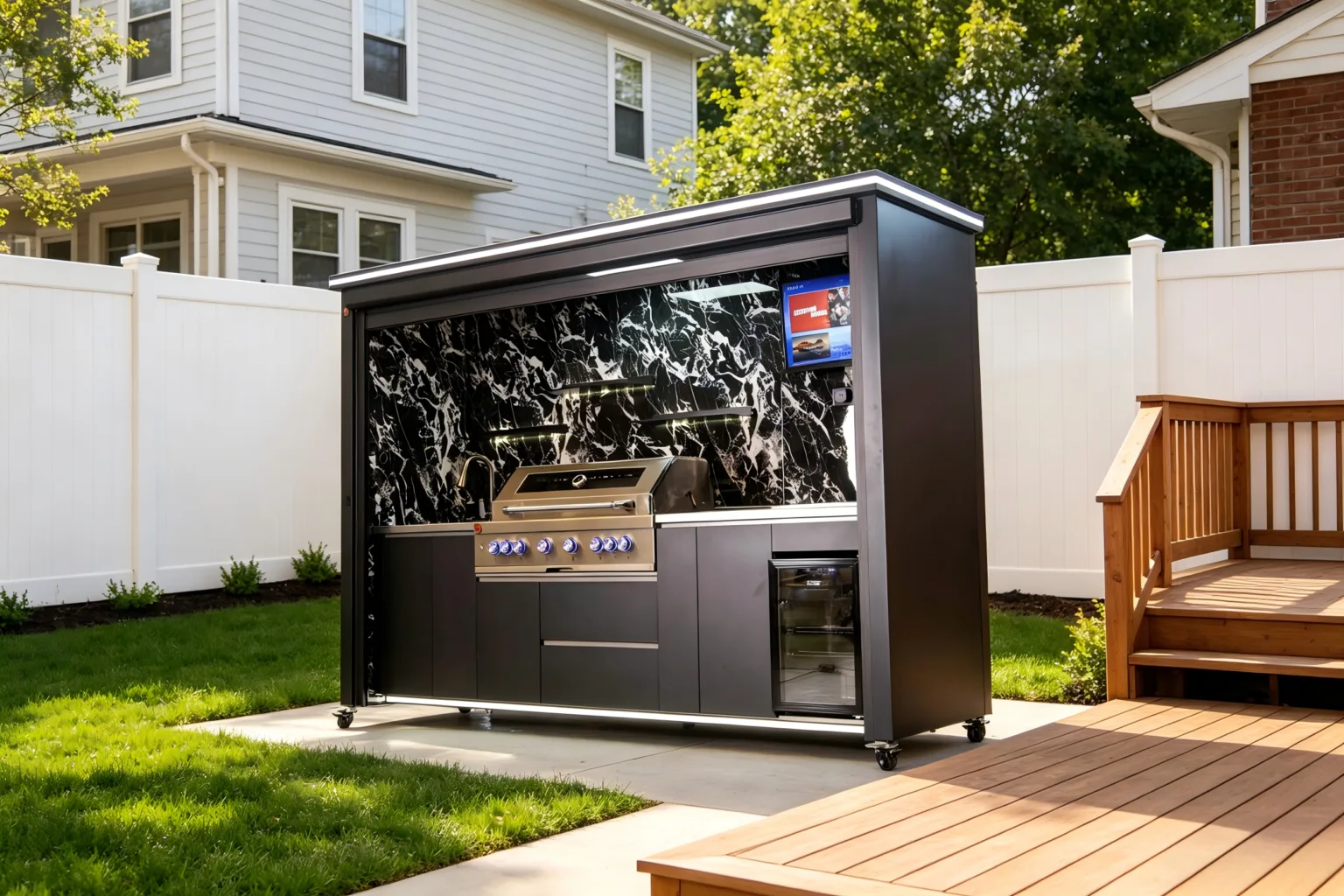 Luxury Model Outdoor Kitchen with Smart Weather Controlled Roller Door & Triple-Fuel Grill